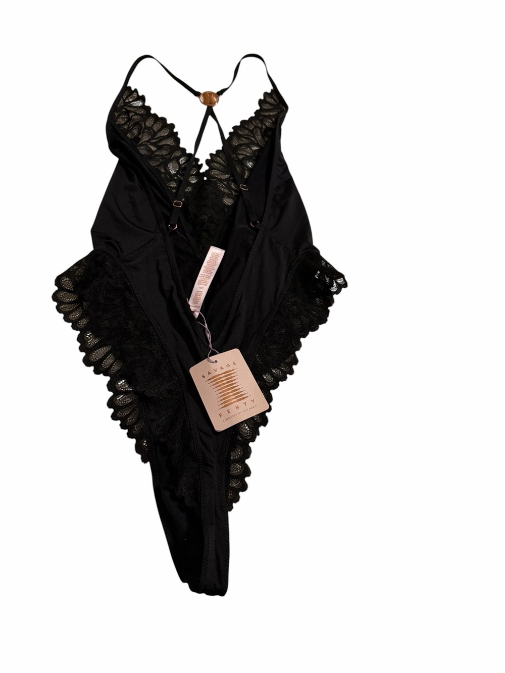Savage X Fenty NWT Black Lace Teddy Bodysuit Strappy Plunge Lingerie Large